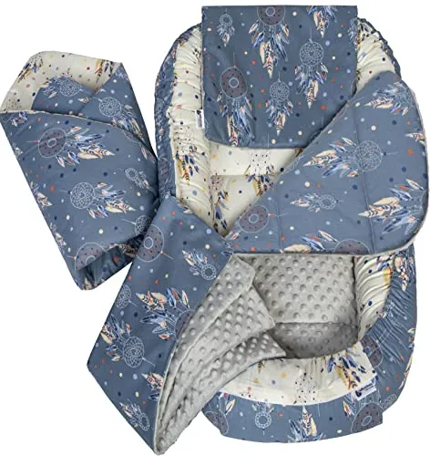 Medi Partners Babynest Nestchen Baby Set für Neugeborene - 100x60x15 Kuschelnest 5 teilig tragbar Nest zweiseitig Babynestchen Bett 100% Baumwolle (Traumfänger mit grauen Minky)