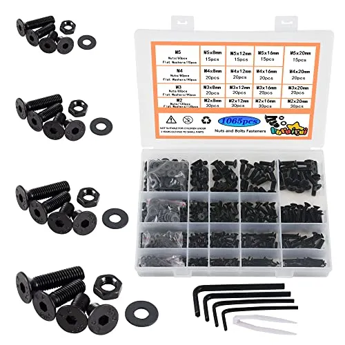 huruirui M2 M3 M4 M5 Muttern und Schrauben Unterlegscheiben Sortiertes Set, 1065Stück Schwarze Linsenkopfschrauben Innensechskantschrauben Kit, Gewindemaschine Sechskantschrauben Verschluss Kit