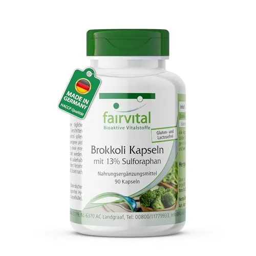 fairvital Brokkoli Kapseln, 90 Kapseln, 1000mg Brokkoli Extrakt & 130mg Sulforaphan pro Tagesdosis, qualitätsgeprüft und hochdosiert, 100% vegan, Made in Germany