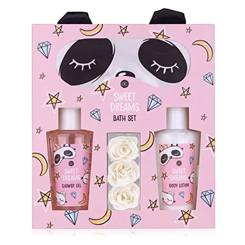 Accentra - Geschenkset Frauen Sweet Dreams - Beauty Set mit Panda Schlafmaske, Duschgel, Bodylotion & Rosen Badekonfetti – Wellness Set für Frauen und Mädchen Geschenkidee zum Geburtstag & Weihnachten