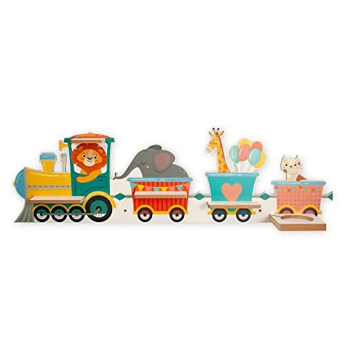 Regal „Tier Zug“ für Toniebox und Tonies - Bezauberndes Kinderzimmerregal mit fröhlichem Motiv, 95x25 cm, aus 10 mm MDF, inkl. 40 selbstklebenden Metallplättchen für flexible Befestigung der Tonie Figuren.