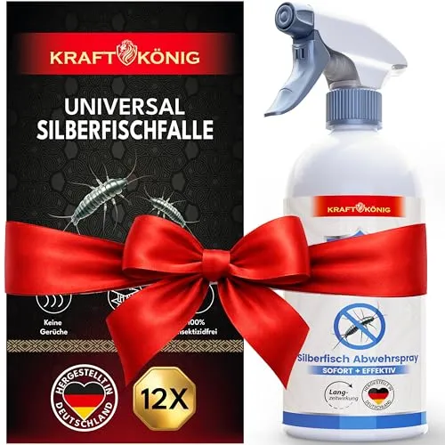 Produktbild KRAFTKÖNIG Silberfisch Spray 500 ml + 12x Silberfischfalle Set – Silberfische bekämpfen & Papierfische bekämpfen – Sofortwirkung & Langzeitschutz – Stoppt Neubefall in Bad, Küche & Keller