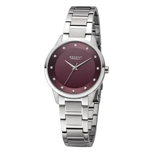 REGENT Damen Armbanduhr Analog Metallarmband Silber UR2252810 - Elegante Regent Damen Armbanduhr mit rotem Ziffernblatt und silbernem Metallarmband. Hochwertiges Edelstahl-Gehäuse, mineralglasfront und bis 3 bar wasserdicht. Perfekt für jeden Anlass – geliefert in der original Regent Verpackung.