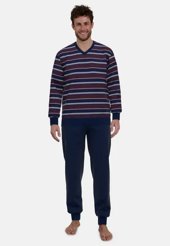 GÖTZBURG Pyjama Set (2 tlg) mit V-Ausschnitt - Bequemer Langarm-Pyjama in rot-dunkel-Ringel, aus elastischem Single Jersey für optimalen Tragekomfort. Ideal für entspannte Nächte!