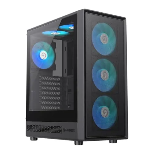 GAMEMAX Storm 2 AB ATX Gaming-Gehäuse, seitliche gehärtete Glasscheibe, 6 x 120 mm Lüfter, Mesh-Panel-Design, Schwarz
