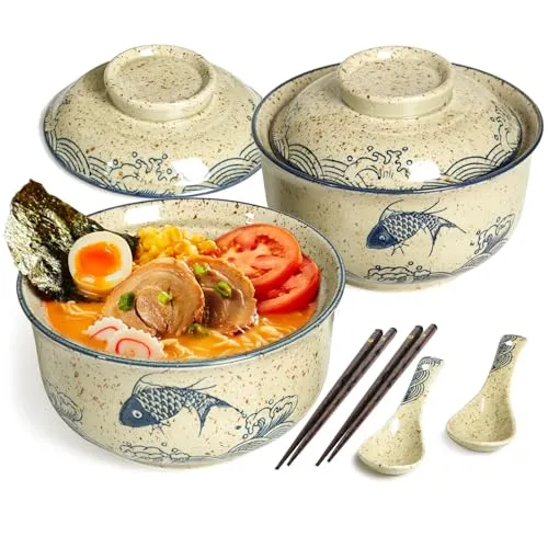 HLWDXno1 Ramen Schüssel Set aus Löffel und Essstäbchen, 2 x 800ml Japanische Ramen Bowl mit Deckel Keramik Suppenschalen Porzellan Geschirr - Fisch