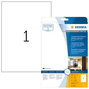 Herma 8020 Transparente Etiketten 210x297, 25 Stück - Folienetiketten, selbstklebend und wasserfest, ideal für repräsentative Unterlagen und den No-Label-Effekt auf farbigen Untergründen