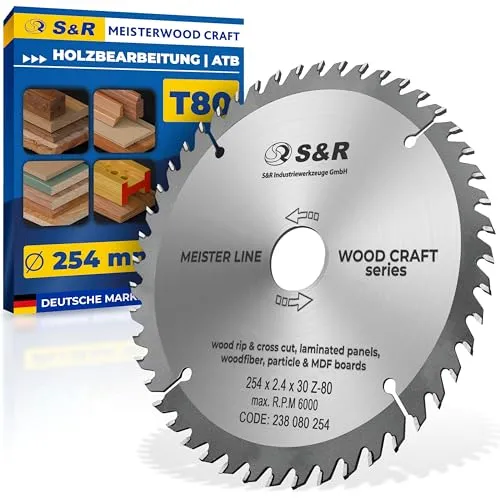 S&R-TCT-Hartmetall Kreissägeblatt 254mm – Mehrzweck Sägeblatt mit 80 Zähnen für Holz-Arbeiten, Kappsäge, Gehrungssäge und Handkreissäge | Ideal für Weichholz, Hartholz und Wood-Craft Projekte