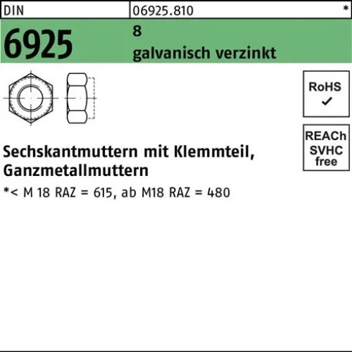 100er PACK(Stk) 006925081000060000 Sechskantmutter DIN 6925 m.Klemmteil M 6 8 g