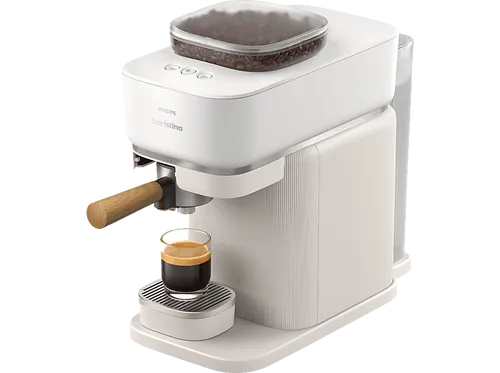 PHILIPS Baristina Espressomaschine - Kompakte Kaffeemaschine in Weiß mit Eschenholz-Siebträger, 16-bar-Pumpendruck für perfekten Espresso und einfache Reinigung