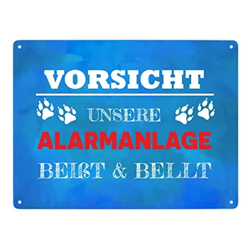 Vorsicht unsere Alarmanlage beißt & bellt Metallschild XXL in 28x38 cm in Blau Dekoration lustiger Spruch Hund Haustier Warnung Einbrecher Hundefreund Geschenkidee