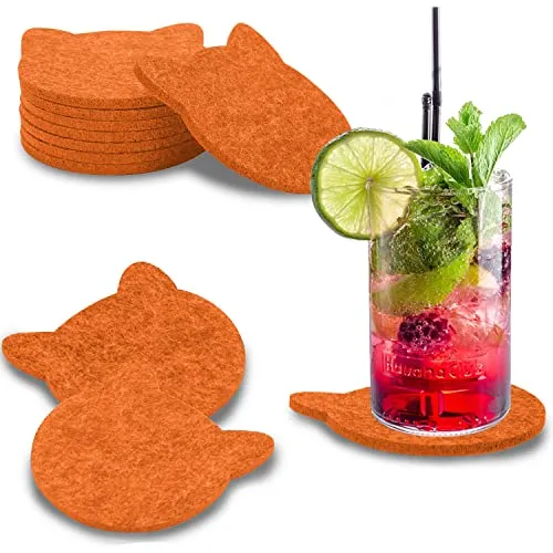 wortek Filz Untersetzer Gläser Orange in Katzenform – 8er Set Glasuntersetzer für Getränke, Tassen, Bar, Glas - Ø 10cm Tischuntersetzer waschbare Filzuntersetzer Gläser Glas Untersetzer-Set