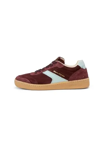 Marc O'Polo Damen Sneaker flach aus Leder, Rot (Dark Aubergine Red/Calm Blue) - 38 - Damen-Sneaker aus 100% edlem Velours-Rindsleder mit herausnehmbarem Fußbett für optimalen Komfort und rutschfester Gummilaufsohle. Ideal für stylische und bequeme Looks im Alltag.
