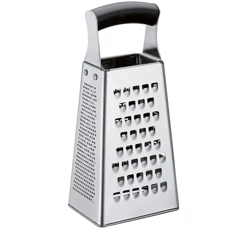 Küchenprofi Vierkantreibe aus Edelstahl - Reibe aus robustem Edelstahl, perfekt zum Zerkleinern von Gemüse und Schokolade, manuelle Handhabung für präzise Ergebnisse.