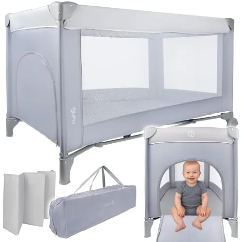 MalPlay Kinderreisebett Laufstall LUNO ab Geburt bis 15 kg, Klein Zusammenklappbar inkl. Tragetasche und Faltboden, Liegefläche 120 x 60 cm Grau