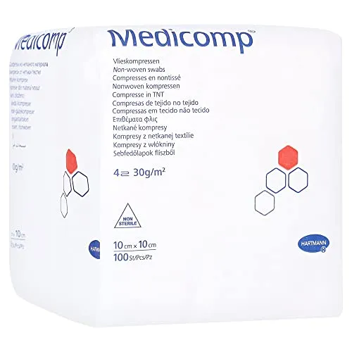 Hartmann 4218252 Medicomp Vliesstoffkompresse, Unsteril, 4fach, 10cm x 10cm, 100 Stück