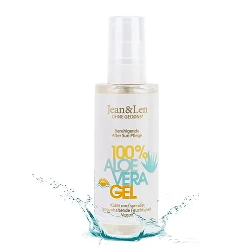 Produktbild Jean & Len Après Sun Aloe Vera Gel, Unterstützende Pflege bei Sonnenbrand, beruhigt & kühlt die Haut, spendet Feuchtigkeit, ohne Silikone, Parabene, Nanopartikel & Emulgatoren, vegan, 100 ml
