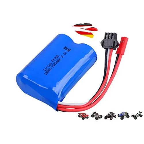 6.4V 1000-mAh 18500 2S Li-Ion Akku, Lithium-Ionen Batterie Jst-2P BEC u. SM-3P Stecker f. RC Auto, Car, Monstertruck, Buggy, Truggy, Modellbau, Spielzeug A303, A313, A323, A333, A343, L959-A, L969-A