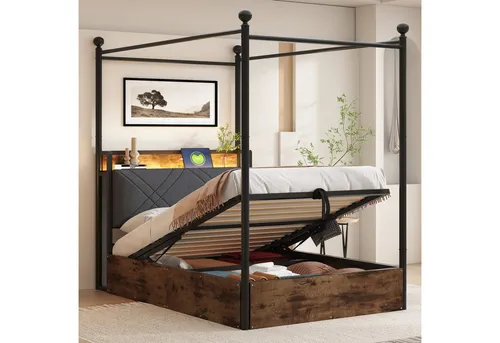 Stilvora Metallbett Schwarz 90x190 cm mit Stauraum - Kompaktes Metallbett für Kinder- und Jugendzimmer, mit hydraulisch anhebbarem Bettkasten für optimalen Stauraum. Integrierte LED-Beleuchtung und Anschlüsse für USB und Steckdose bieten modernen Komfort.