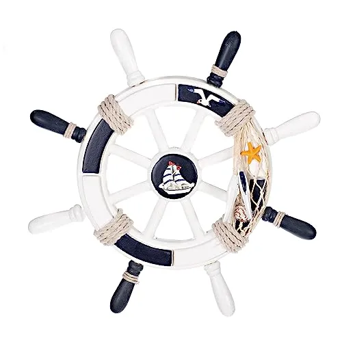 Birendy Holzdeko Steuerrad in Blau Weiß mit maritimen Keramikapplikationen Durchmesser 33cm Perfekte maritime Dekoration (5-Schiff-Möwe)