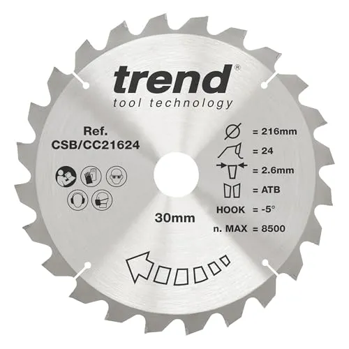 Trend Gehrungssägeblatt für Holz, 216 mm Durchmesser, 30 mm Bohrung, 24 Zähne, 2,6 mm Schnittfuge, -5° Haken, TCT, grobe Oberfläche, CSB/CC21624