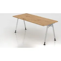 Schreibtisch Keijo | Asteiche | BxT 180x80cm | Höhe 68-76cm | stufenlos höhenverstellbar | A-förmiges Rundrohrgestell Silber | Rechteckform - Silber