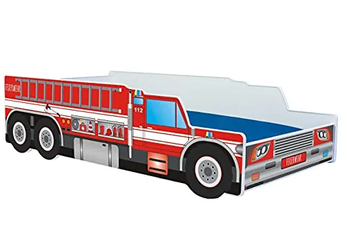 Kids Collective Feuerwehr Autobett 70x140 | 80x160 cm - Betten für Kinder mit Rausfallschutz und Matratze, ideal für kleine Feuerwehrmänner – sicher und stabil bis 120 kg, einfache Montage und europäische Qualität.