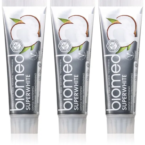 Biomed Superwhite Zahnpasta mit Kokosöl - 3x100 g - Biomed Superwhite Zahnpasta, 3x100 g, für strahlend weiße Zähne und sanfte Pflege. Vegan und ohne Fluor, ideal für die tägliche Mundhygiene.