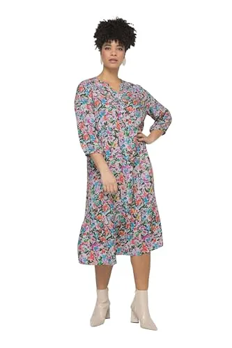 MIAMODA Damen große Größen Übergrößen Plus Size Maxikleid, A-Linie, Blütenmuster, V-Ausschnitt, 3/4-Ärmel Multicolor 54 832069900-54