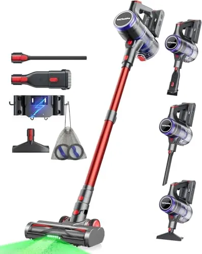VACTechPro 55KPa/600W Akku Staubsauger Kabellos, 70Min Akkustaubsauger | Akku Staubsauger mit 1,6-Liter-Staubbehälter, 8-Schicht-Filterung, Super Leise, Anti-Tangle Bodenbürste, Violett und Rot