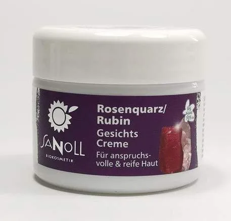 Sanoll Rosenquarz-Rubin Gesichtscreme - Pflegeaccessoires für reife Haut, kombiniert natürliche Inhaltsstoffe wie Rosen-Hydrolat und ätherisches Rosenöl mit der regenerierenden Kraft von Rosenquarz und Rubin.