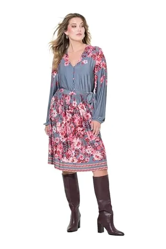 MIAMODA Damen große Größen Übergrößen Plus Size Kleid, A-Linie, Blumen-Druck, Langarm bleigrau 56 835736187-56