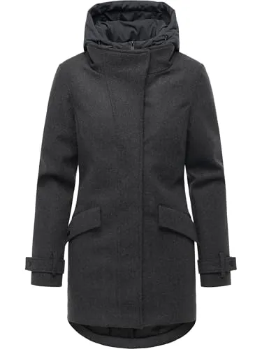 Ragwear Damen lange Winterjacke in Wollmantel Optik Trenchcoat mit Kapuze gefütterter Parka Petuja Felt YOUMODO Dark Grey Gr. S