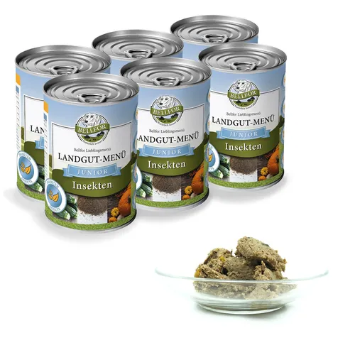 Bellfor Landgut-Menü Junior Hundefutter Nass mit Insekten für Welpen 6 x 400 g - Das Bellfor Landgut-Menü Junior bietet eine optimale Ernährung für Ihren Welpen. Mit natürlichen Zutaten und Insekten als hochwertige Proteinquelle ist es besonders bekömmlich und getreidefrei. Ideal für die gesunde Entwicklung Ihres Vierbeiners.