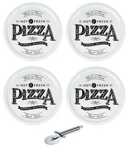 Lentz Pizzateller Ø 31cm aus Porzellan mit Retro Pizza Schriftzug - wahlweise inkl. Pizzaschneider (4er Set mit Pizzaschneider)
