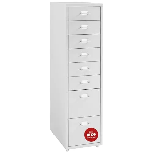 [en.casa] Rollcontainer Kökar - 8-Schubladen Metall Aktenschrank mit Rollen - Schubladenboxen mit 8 Schubladen für optimale Büroorganisation, mobil durch Rollen und mit praktischen Etikettenhaltern für Übersichtlichkeit.