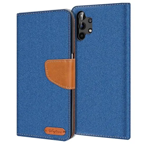 CoolGadget Textil Klapphülle für Samsung Galaxy A32 5G, Hochwertige Schutzhülle mit 3 Kartenfächern, 1 Bargeldfach und Magnetverschluss, Blau