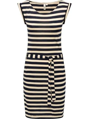 Ragwear Damen Kurzarm Sommerkleid Tagg Stripes Navy Gr. S - Freizeitkleid für Damen mit verspieltem Streifenmuster, taillierbar durch Bindeband und mit praktischen Eingrifftaschen – ideal für entspannte Sommerlooks.