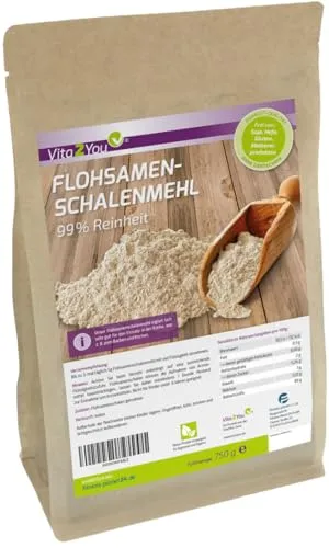 Vita2You Flohsamenschalen gemahlen - 750g - > 99% Reinheit - indisches Flohsamenschalen-Mehl - Ideal zum Backen - Flohsamen-Pulver - Premium Qualität