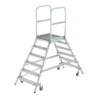 Podestleiter 6 Stufen, fahrbar aus Aluminium und Stahl-Gitterrost