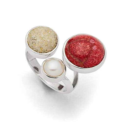 DUR Ring Strandfeuer aus 925 Sterling Silber mit Kolrallenkugel, Sandkugel und Süßwasserperle veredelt, Silber/Weiß/Rot/Sand, Größe: 56, R4864.56