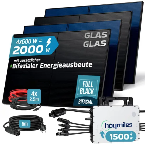 SUNNIVA Balkonkraftwerk 2000W Bifazial Full Black - Balkonkraftwerk: Effiziente 2000W PV-Anlage mit bifazialen Solarmodulen für hohen Energieertrag, ideal für Balkon oder Terrasse. Einfache Plug & Play Installation!