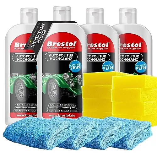Autopolitur Hochglanz 4x 500ml – Politur Auto mit Langzeitschutz, Poliermittel für Auto für makellosen Fahrzeugglanz, Auto Pflege & Lackpolitur mit Carnaubawachs + 8x Schwamm & 4x Mikrofasertuch
