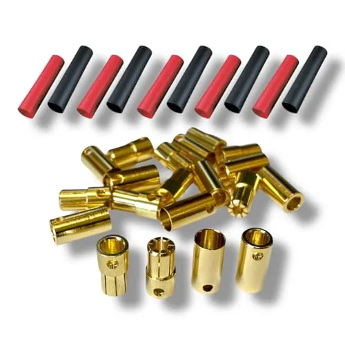 Paar (20 Stück) 6,5mm Goldkontaktstecker Steckverbinder Goldstecker Stecker Buchse inkl. Polyolefine Schrumpfschlauch 10