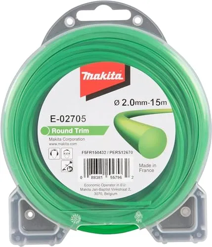 Makita E-02705 Mähfaden rund 2,0 mm x 15 m Round Trim Trimmerfaden, Nylon, grün, für Rasentrimmer und Freischneider