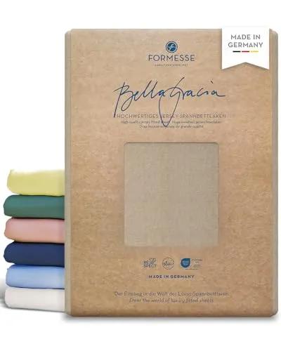 Formesse – Bella Gracia Jersey Spannbettlaken 90x190-100x220cm - bis 25cm Höhe - 97% Baumwoll-Kompaktgarn/Spannbetttuch aus Deutschland/Baumwoll Bettlaken mit Elastan - Farbe Champagner