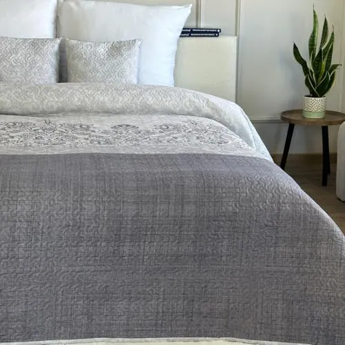 Euromat Tagesdecke Steppdecke Bettüberwurf Gesteppte Tagesdecke mit 2 Kissenbezüge 40x40 cm- (Lila Grau- SY-7207, 220x240 cm)