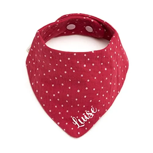 AngelicArt Personalisiertes Dreieckshalstuch aus Baumwolle, Halstuch für Jungen, Mädchen, Unisex, mit Druckknopfverschluss, in verschiedenen Farben mit Wunschnamen-Musselin gepunktet (Dunkelpink)