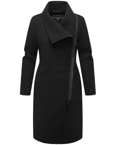 Navahoo Damen lange Übergangsjacke in Woll-Optik - Funktionsjacke mit asymmetrischem, wasserdichtem Reißverschluss und hoch aufstellbarem Kragen, ideal für schicke Outfits und Büro-Looks an kühlen Tagen.