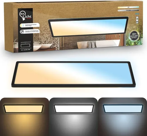 B.K.Licht LED Panel mit Fernbedienung 58x20cm - Dimmbar und Spritzwassergeschützt - Dieses elegante LED Panel mit 22W und 3000 Lumen sorgt für gleichmäßige Ausleuchtung in jedem Raum. Es ist dimmbar und bietet drei Lichtfarben, ideal für Badezimmer und Küchen. Mit IP44-Schutz ist es perfekt für Feuchträume geeignet.